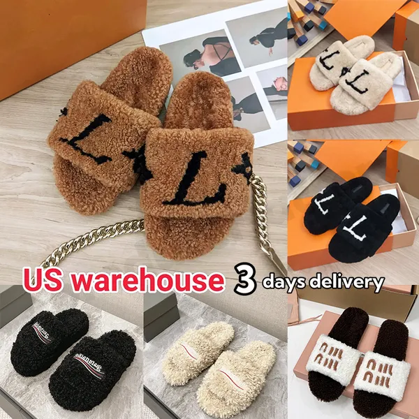 Color: #1 - Size: EUR40=25cm - Women Fuzzy Sildes Luxury designer slippers louuissv women men wool Winter Warm fluffy furry slides sandals comfortable casual Flip Flops vll llouisvuittonslides