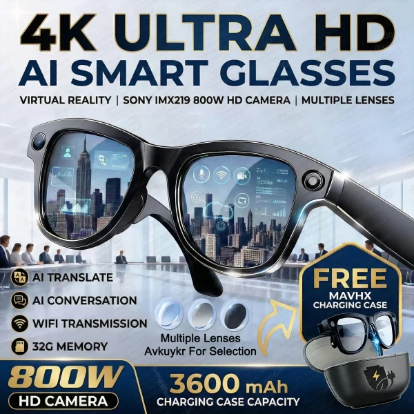 2026 New 32G Memory 800W 4K Camera Smart Glasses Men Photos&Videos 3600mAh Power Bank 120+Languages Translation AI Glasses Women