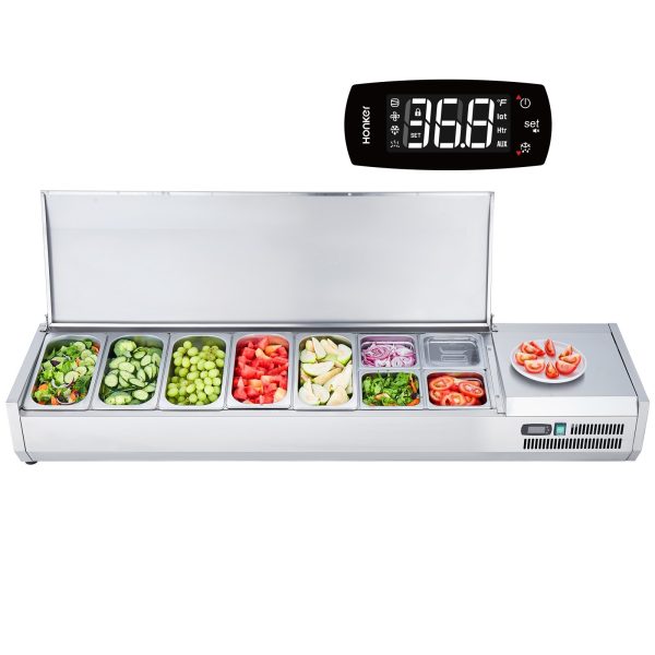 Refrigerated Condiment Prep Station, 160 W Countertop Refrigerated Condiment Station, with 5 1/3 Pans & 4 1/6 Pans, 304 Stainless Body and PC Lid, Sandwich Prep Table with Stainless Guard, ETL