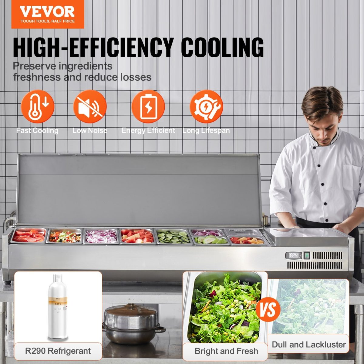Refrigerated Condiment Prep Station, 160 W Countertop Refrigerated Condiment Station, with 5 1/3 Pans & 4 1/6 Pans, 304 Stainless Body and PC Lid, Sandwich Prep Table with Stainless Guard, ETL - Image 2