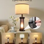 Table Lamps Set of 2, Dimmable Farmhouse Bedside Nightstand Lamps, Vintage Lamp with LED Bulb and Linen Shades, Bedside Lamp with USB C+A Ports & AC Outlet, for Living Room, Bedroom & Office