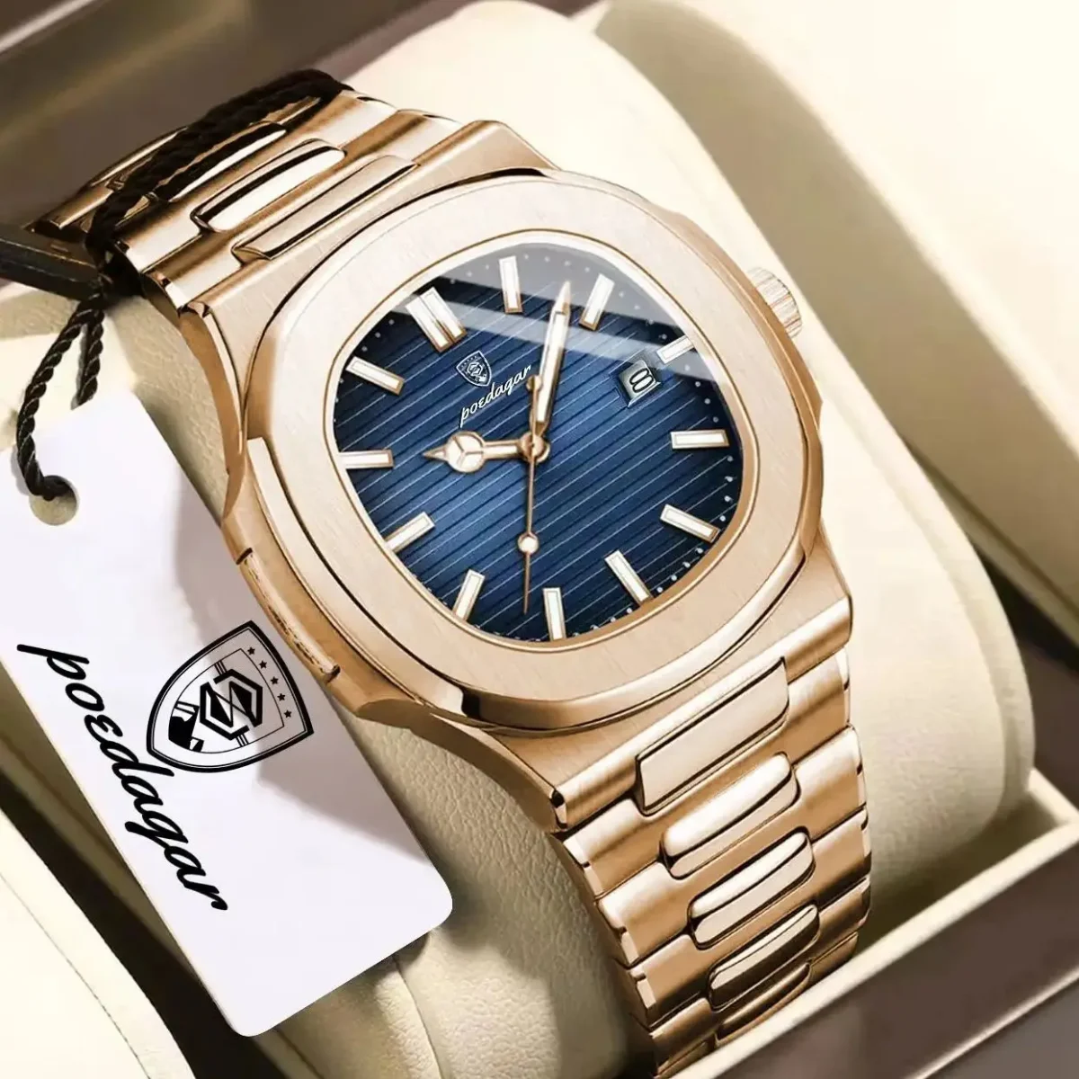 POEDAGAR Top Fashion Square Men Clock Stainless Steel Waterproof Luminous Date Exquisite Male Wristwatch Quartz Watches For Men - Image 2