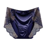 Women Satin Soft Luxury Style Middle Waist Underwear Elegant Exquisite Flower Embroidery Breathable Elasticity Panties Breifs