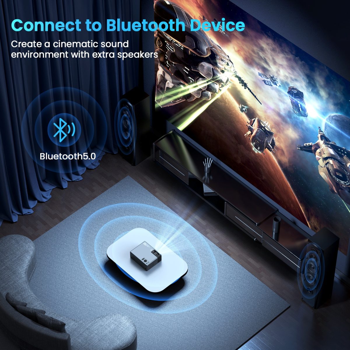 Projector with WiFi and Bluetooth, Projector 4K Support Native 1080P Projector, 5G WiFi FUDONI Outdoor Projector with 350 ANSI Max 300" Display, Movie Projector Compatible w/iOS/Android/Win/PS5, Black - Image 3