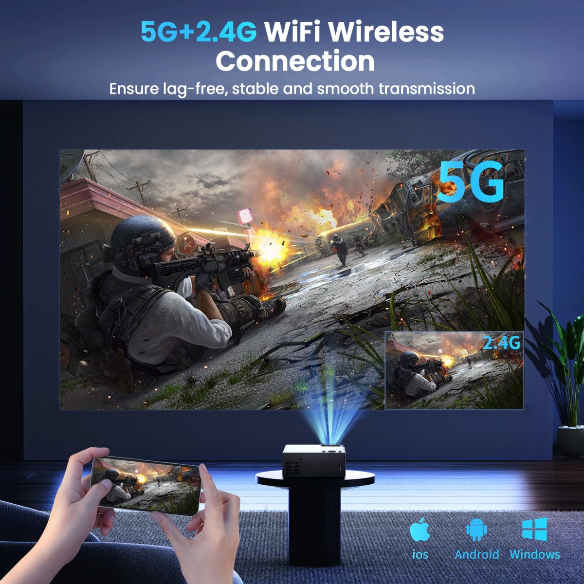 Projector with WiFi and Bluetooth, Projector 4K Support Native 1080P Projector, 5G WiFi FUDONI Outdoor Projector with 350 ANSI Max 300" Display, Movie Projector Compatible w/iOS/Android/Win/PS5, Black - Image 5