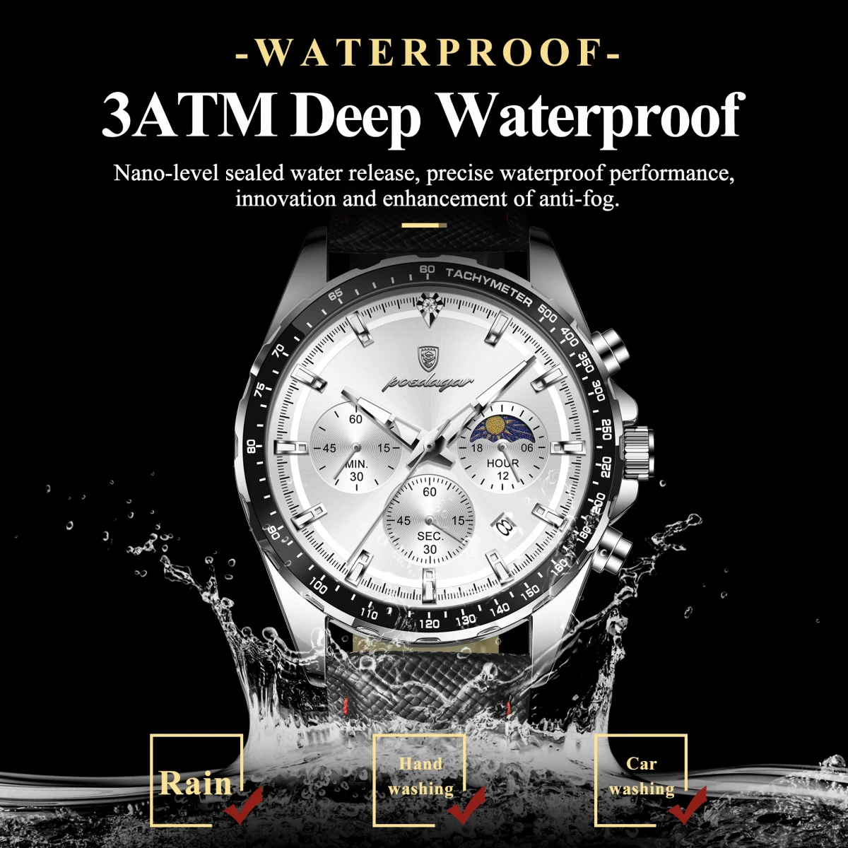 POEDAGAR Top Sports Fashion Men Clock Luminous Waterproof Chronograph Date Original Man Wristwatch Leather Men's Quartz Watches - Image 3