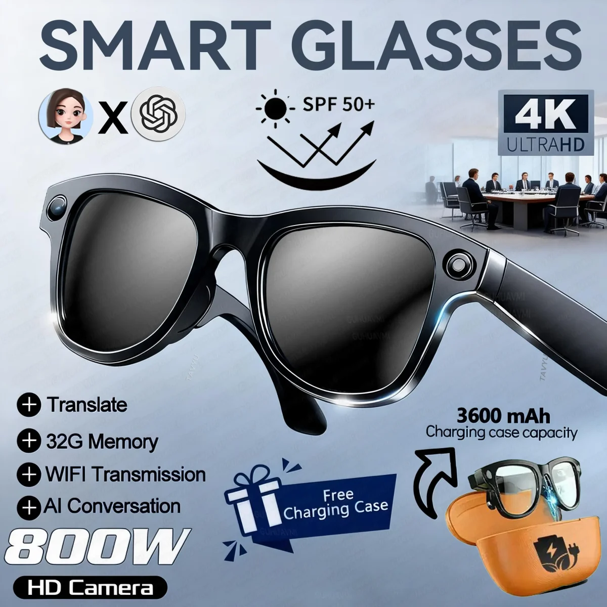 2026 New 32G Memory 800W 4K Camera Smart Glasses Men Photos&Videos 3600mAh Power Bank 120+Languages Translation AI Glasses Women - Image 11