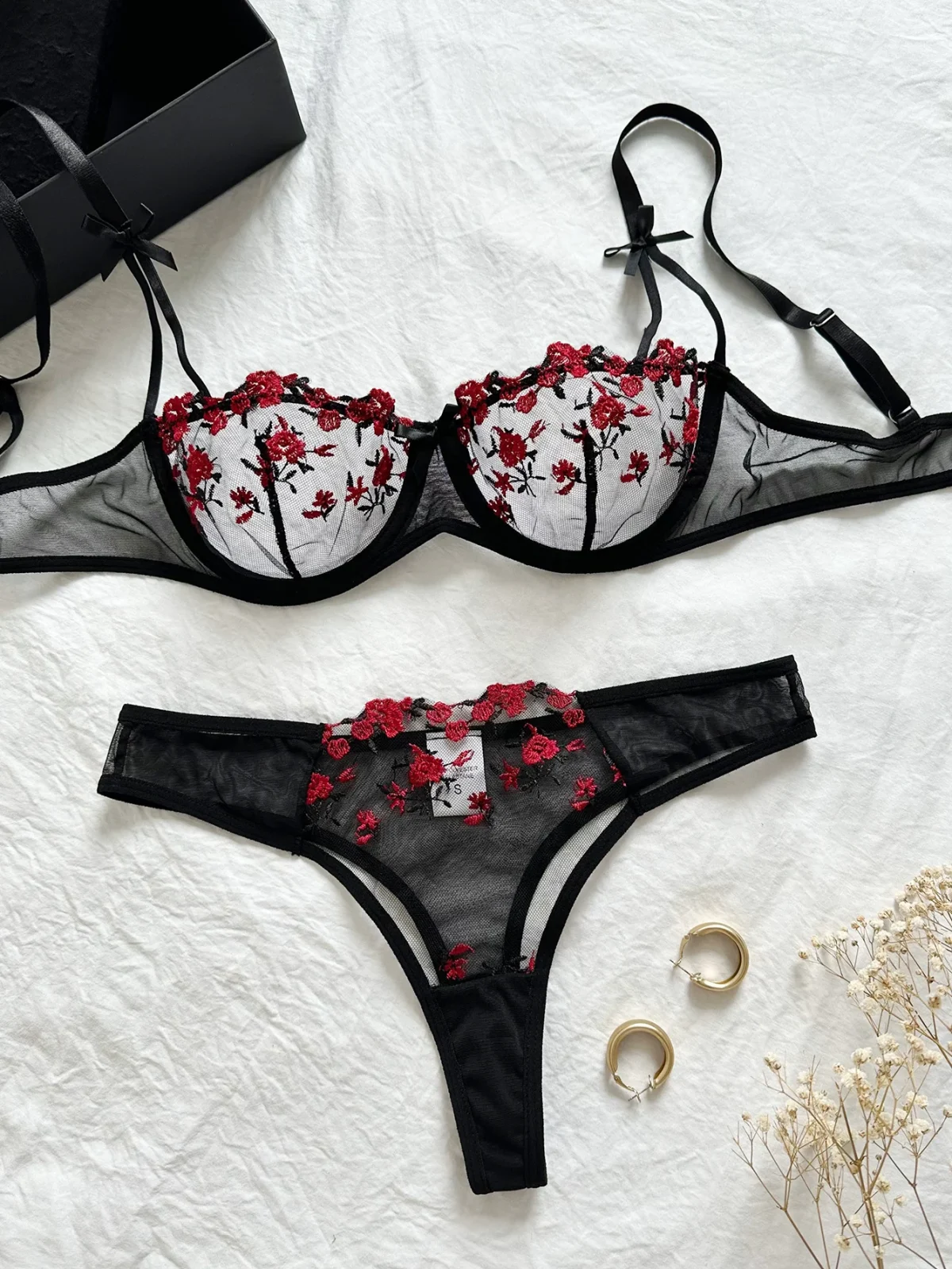 Night Beautiful Sexy Women 2 Piece floral Embroidery Underwear Sexy Erotic lingerie underwear Set - Image 4