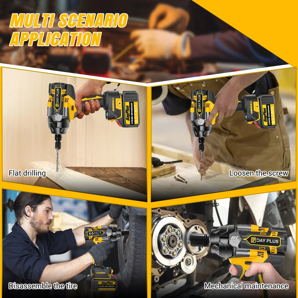DayPlus 3 IN 1 Cordless Impact Wrench Electric Drill Impact Wrench,1500Nm Brushless Impact Gun 1/2"Driver Car Tyre Wheel,3 Speed - Image 4