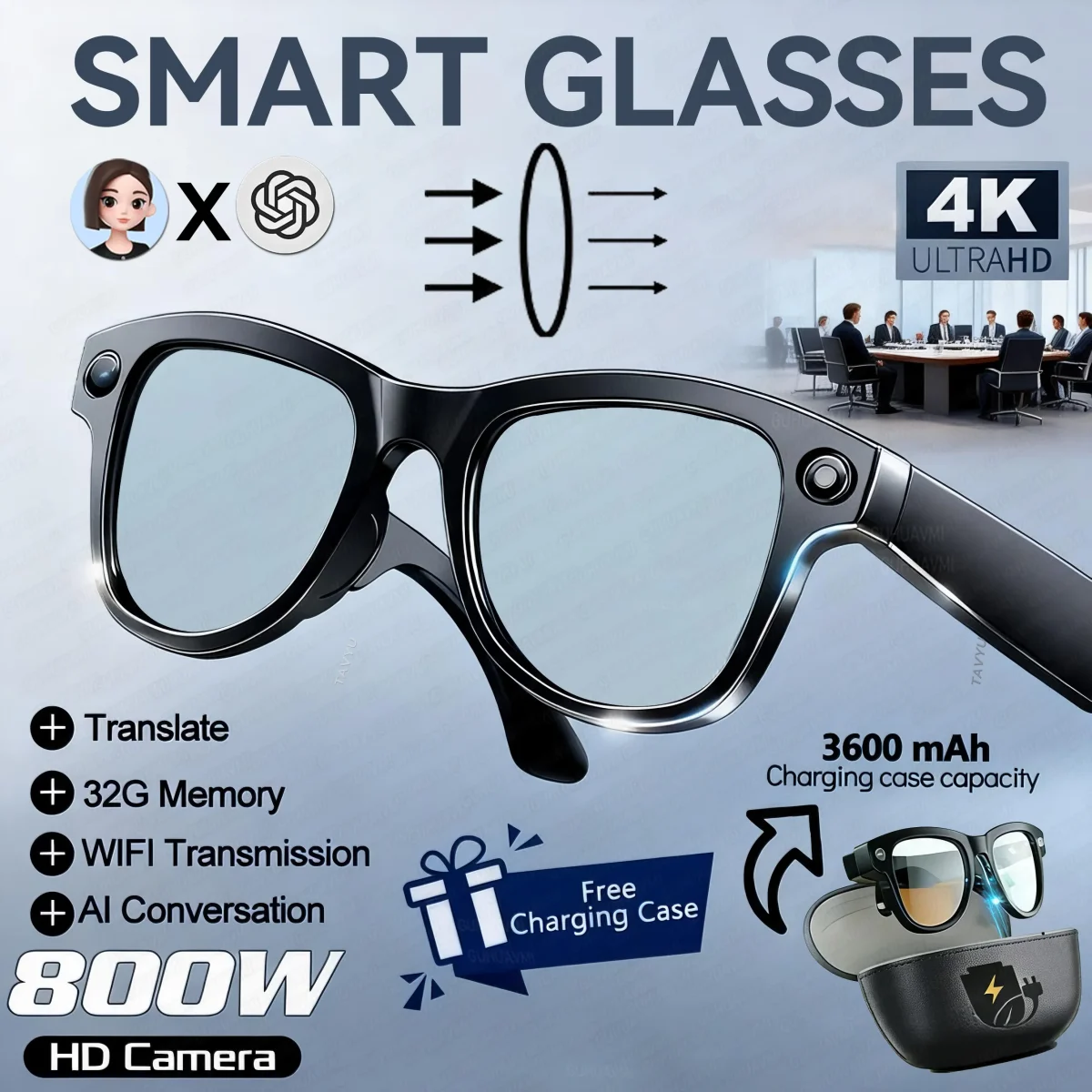2026 New 32G Memory 800W 4K Camera Smart Glasses Men Photos&Videos 3600mAh Power Bank 120+Languages Translation AI Glasses Women - Image 7