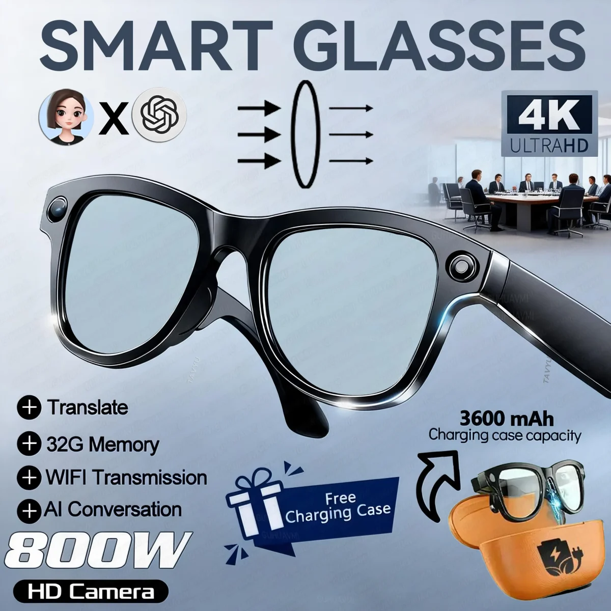 2026 New 32G Memory 800W 4K Camera Smart Glasses Men Photos&Videos 3600mAh Power Bank 120+Languages Translation AI Glasses Women - Image 12