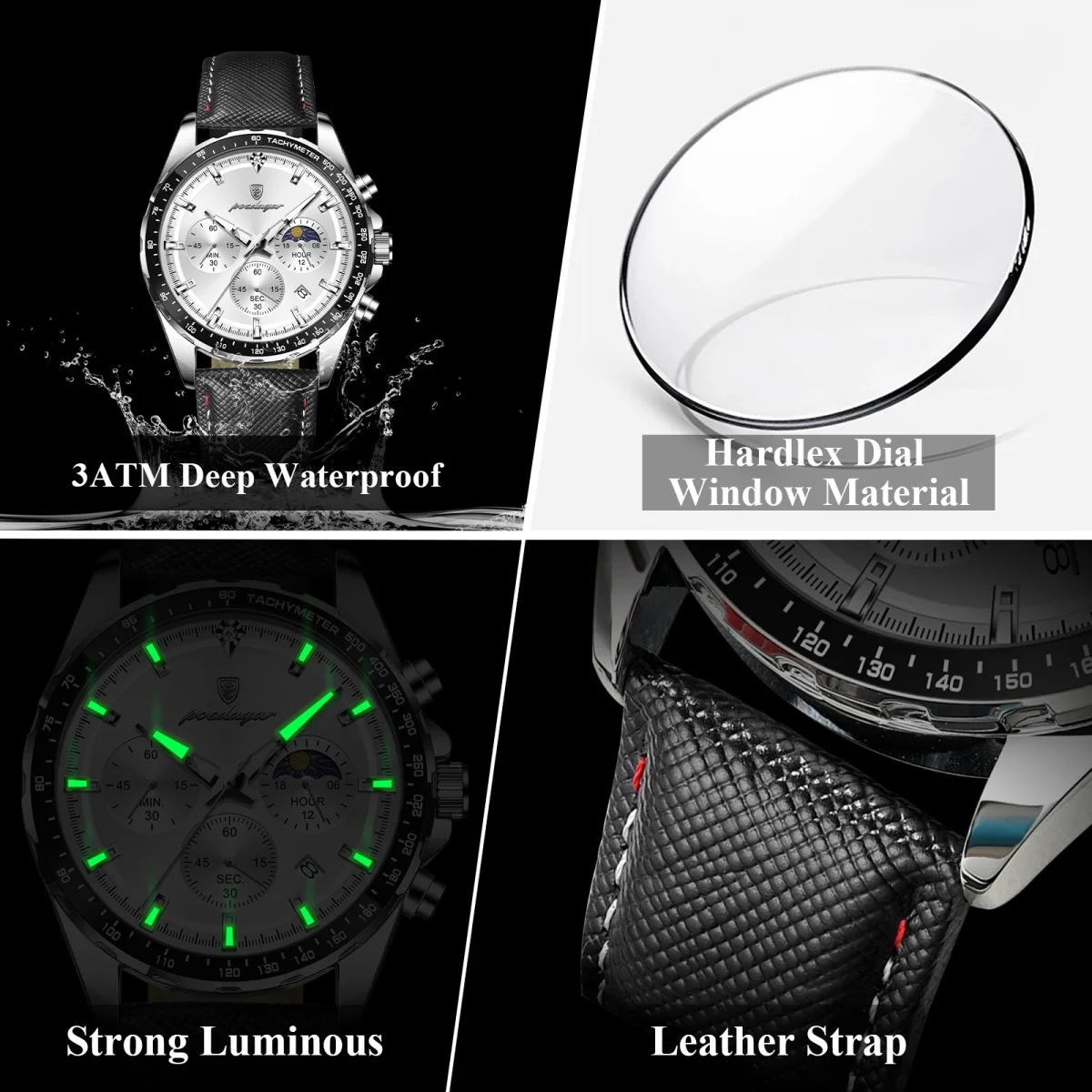 POEDAGAR Top Sports Fashion Men Clock Luminous Waterproof Chronograph Date Original Man Wristwatch Leather Men's Quartz Watches - Image 4