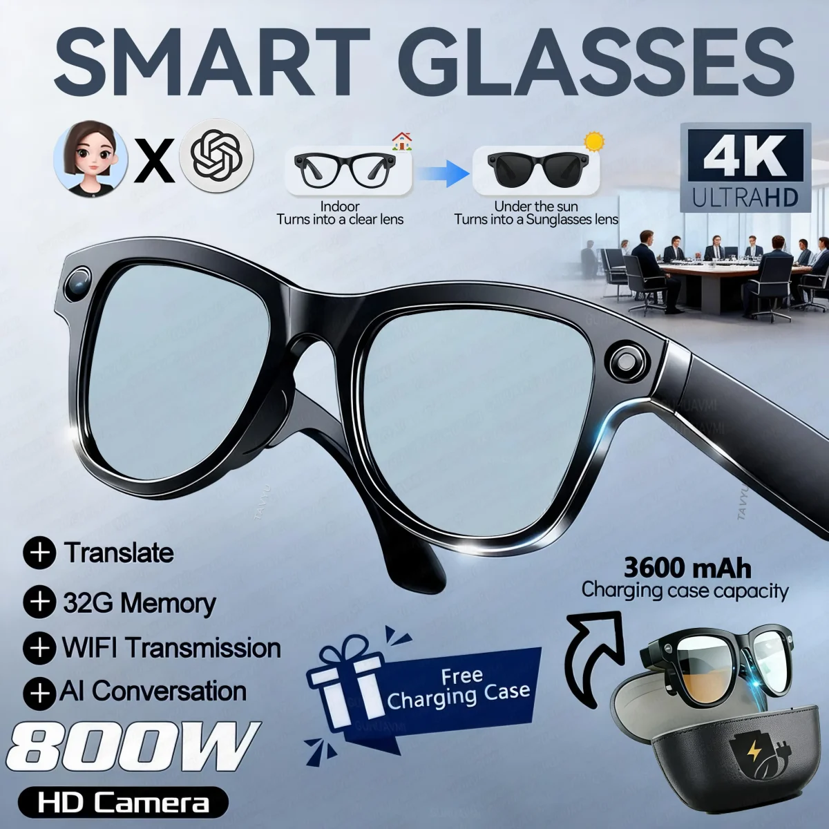2026 New 32G Memory 800W 4K Camera Smart Glasses Men Photos&Videos 3600mAh Power Bank 120+Languages Translation AI Glasses Women - Image 8