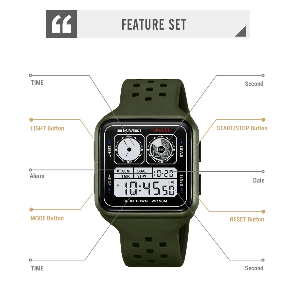 SKMEI 2688 Fashion Square Case Waterproof Multi functional Sports Outdoor Students Men's Countdown Electronic Watch reloj hombre - Image 5