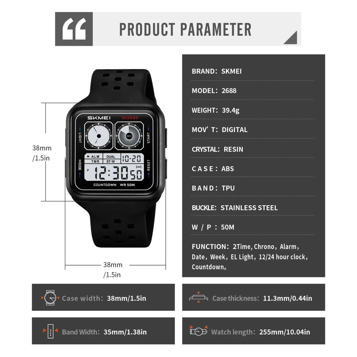 SKMEI 2688 Fashion Square Case Waterproof Multi functional Sports Outdoor Students Men's Countdown Electronic Watch reloj hombre - Image 4