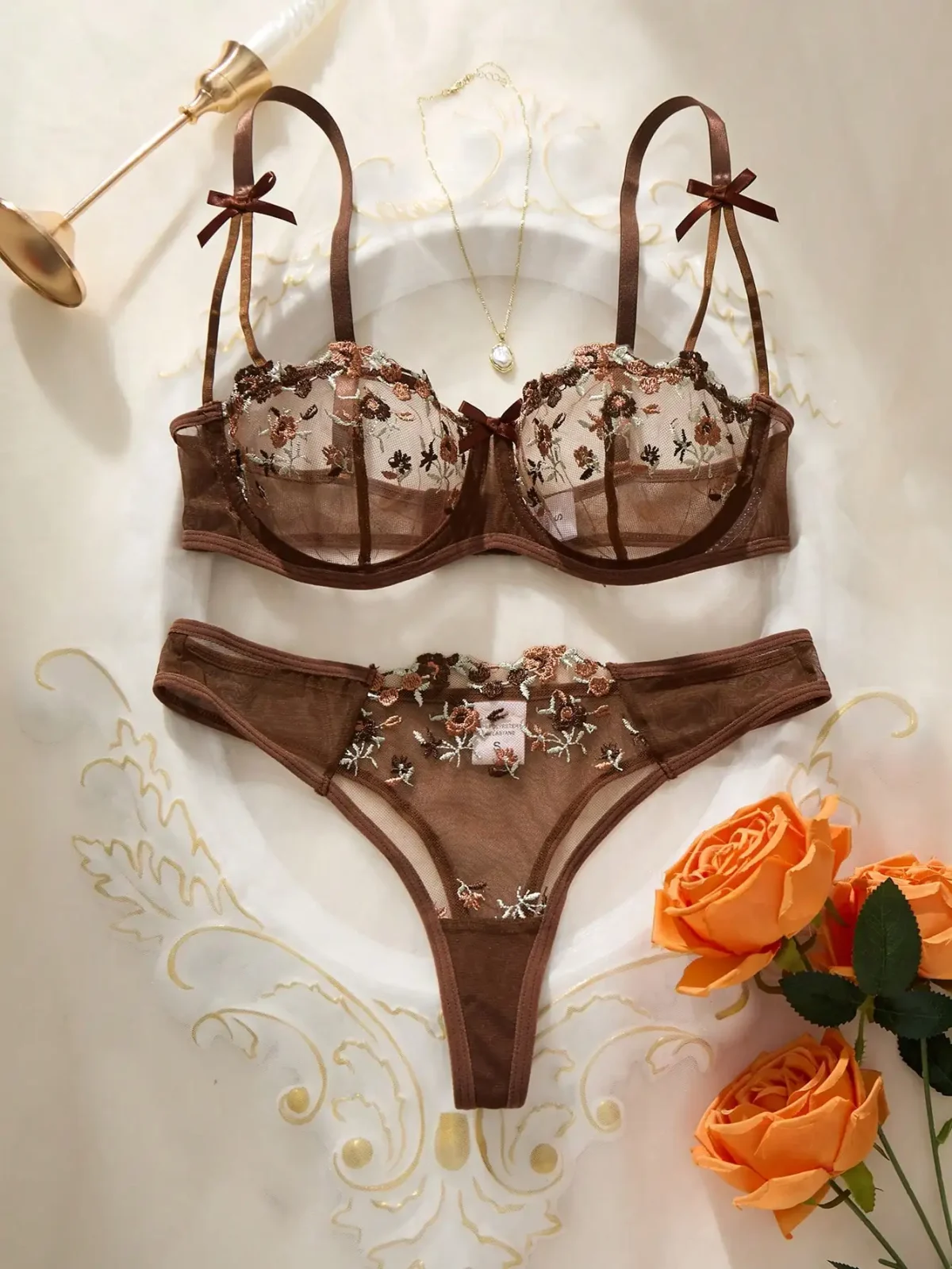 Night Beautiful Sexy Women 2 Piece floral Embroidery Underwear Sexy Erotic lingerie underwear Set - Image 9