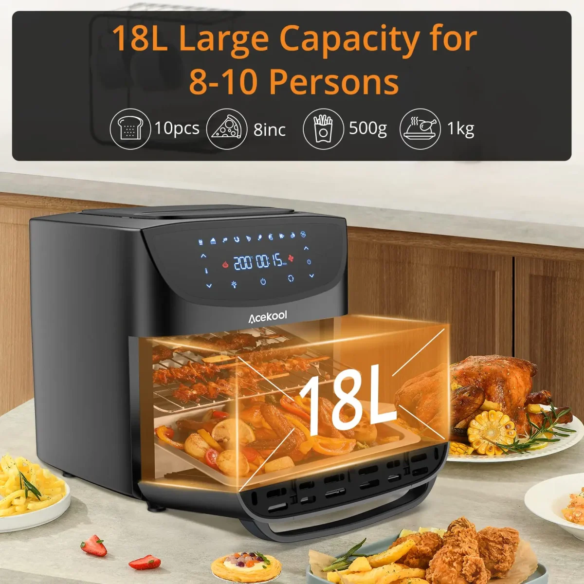 18L Air Fryer Oven 8-in-1 Digital Touchscreen Air Fryer 1800W Rapid Air Circulation Oil-Free Mini Oven With Accessories - Image 2