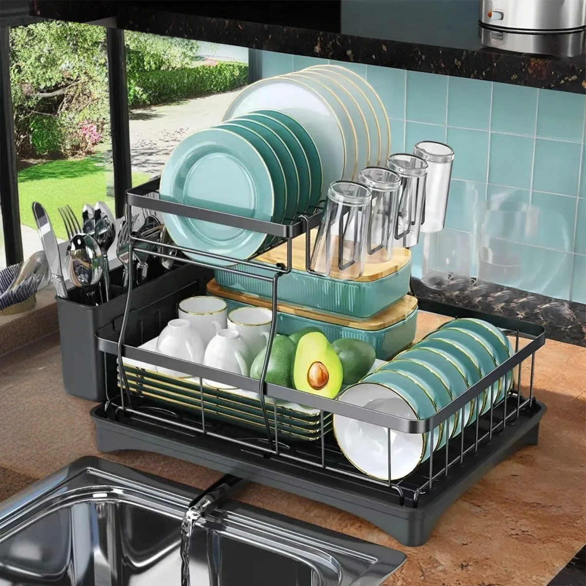 Large 2-tier dish drying rack for kitchen countertops, removable large-capacity dish draining rack - Image 3