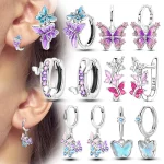 Original 925 Sterling Silver Earrings Sparkling Shining Dreamy Butterfly Hoop Earring for Women Girl Party Birthday Jewelry Gift