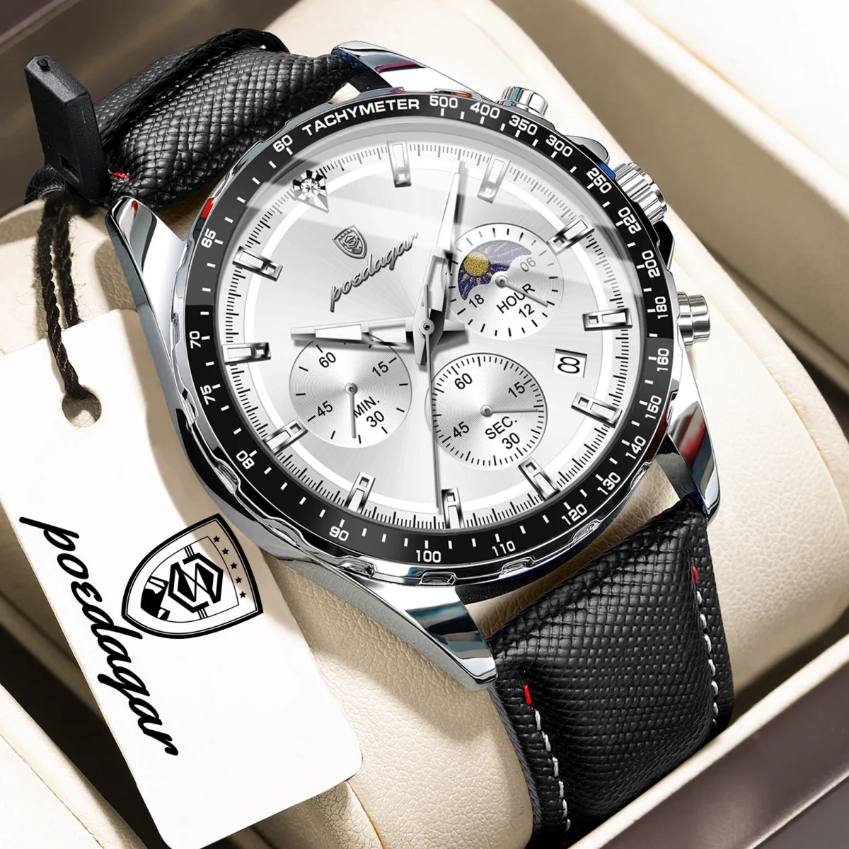 POEDAGAR Top Sports Fashion Men Clock Luminous Waterproof Chronograph Date Original Man Wristwatch Leather Men's Quartz Watches - Image 2