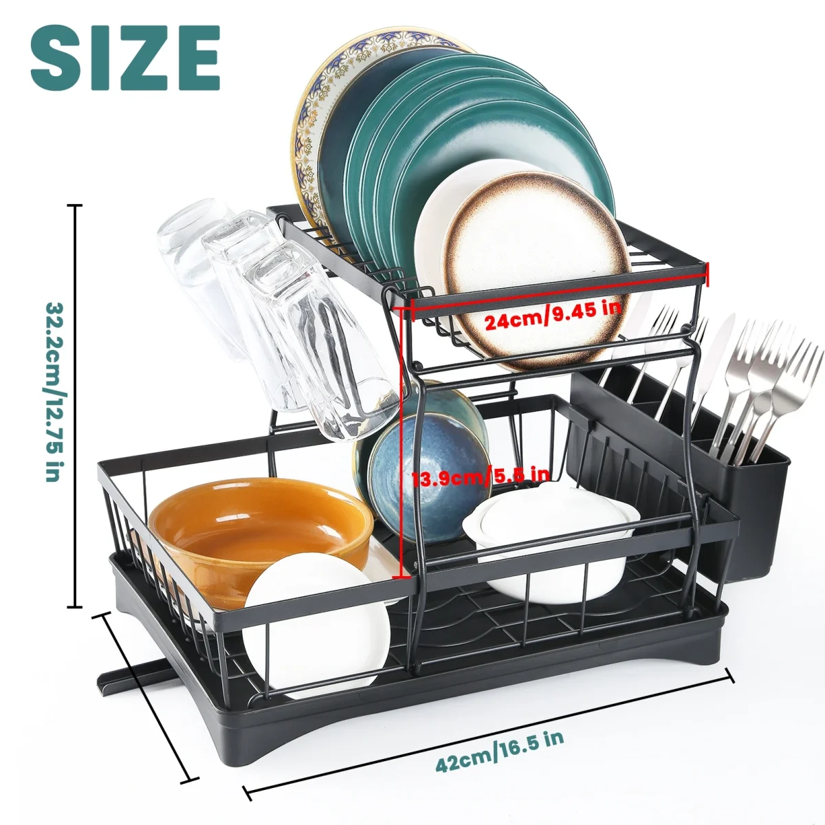 Large 2-tier dish drying rack for kitchen countertops, removable large-capacity dish draining rack - Image 2