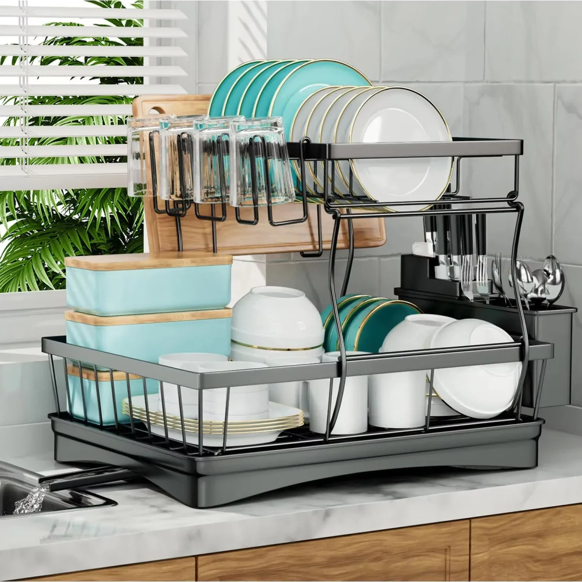 Large 2-tier dish drying rack for kitchen countertops, removable large-capacity dish draining rack - Image 7
