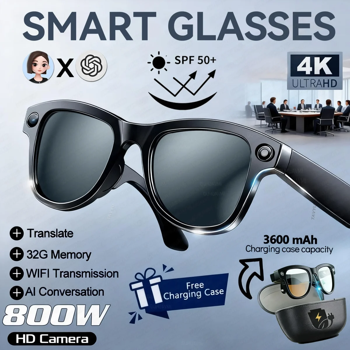 2026 New 32G Memory 800W 4K Camera Smart Glasses Men Photos&Videos 3600mAh Power Bank 120+Languages Translation AI Glasses Women - Image 9