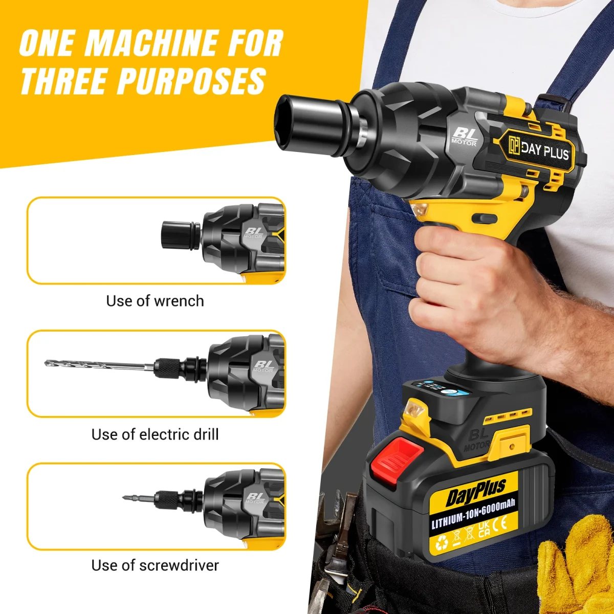 DayPlus 3 IN 1 Cordless Impact Wrench Electric Drill Impact Wrench,1500Nm Brushless Impact Gun 1/2"Driver Car Tyre Wheel,3 Speed - Image 5