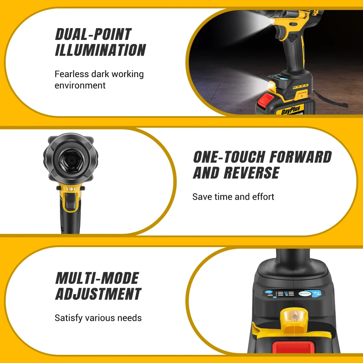 DayPlus 3 IN 1 Cordless Impact Wrench Electric Drill Impact Wrench,1500Nm Brushless Impact Gun 1/2"Driver Car Tyre Wheel,3 Speed - Image 3