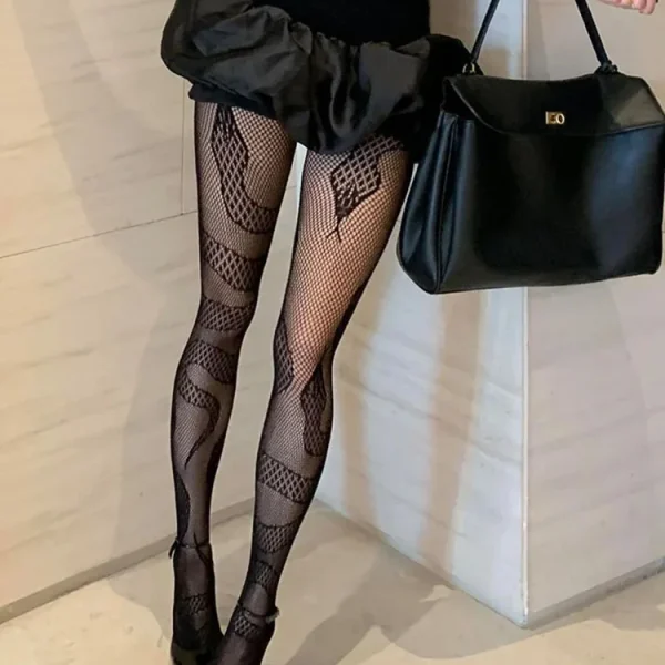 Trendy Sexy Serpentine Patterned Fishnet Pantyhose Women Gothic Jacquard Hollow Out Tights Y2K Elastic Long Socks Daily Wear