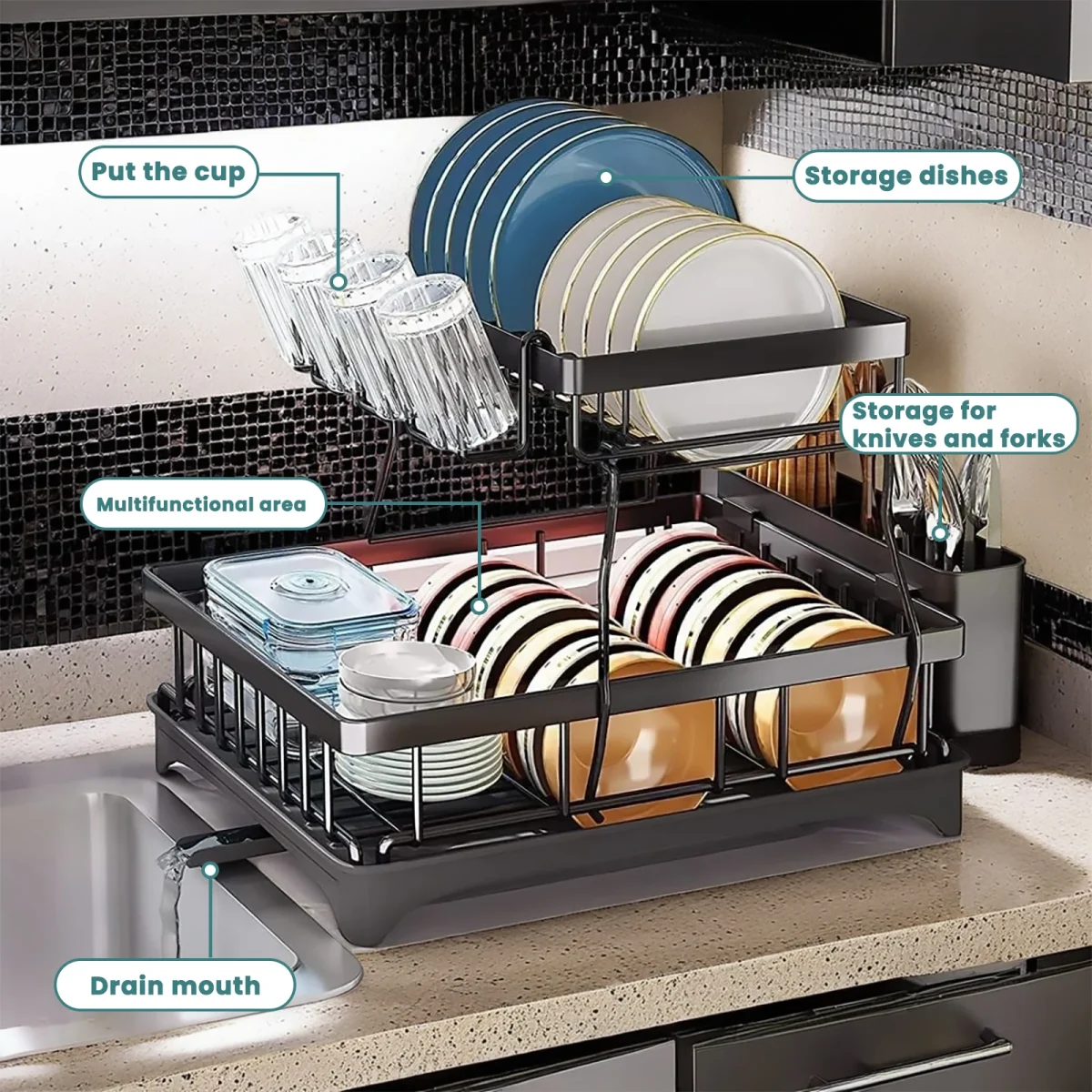 Large 2-tier dish drying rack for kitchen countertops, removable large-capacity dish draining rack - Image 4