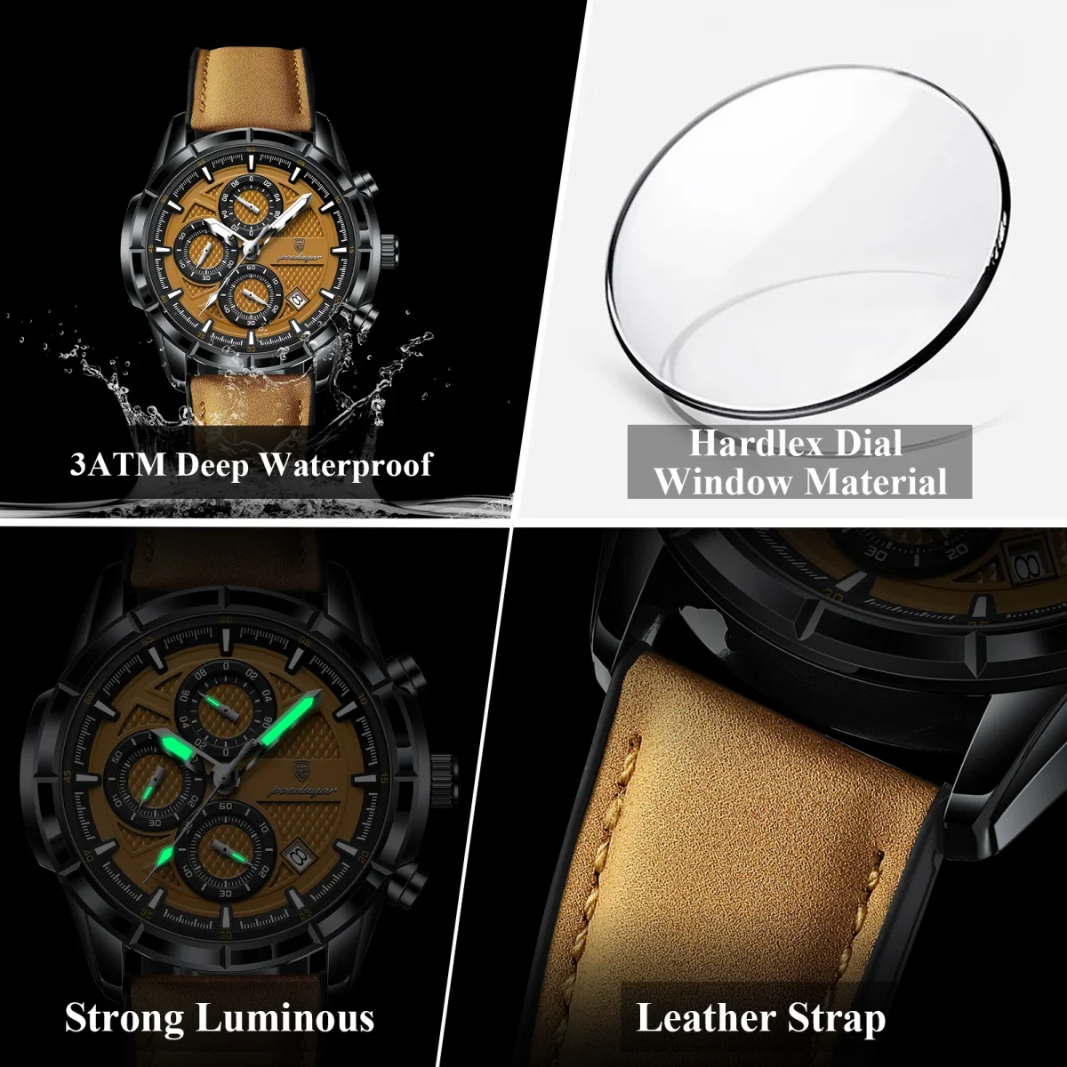 POEDAGAR Top Vintage Men Wristwatch Quartz Fashion Leather Men's Watches Date Chronograph Waterproof Luminous Business Man Watch - Image 4