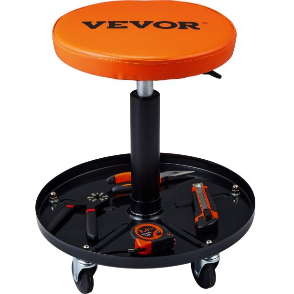 Mechanic Stool, 250 LBS Rolling Pneumatic Creeper Garage/Shop Seat, Adjustable Height 22 in-28 in Padded Rolling Workshop Stool with Tool Tray, for Garage, Shop, Auto Repair, Black+Orange