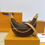 Color: L1 Brown Flower - Designer Crossbody bag Loop hobo Women sleek design Denim Leather Crescent shoulder Purse Half-moon underarm Handbag sac luxe Chain wallet Brown Flower