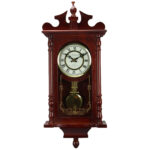 Bedford Collection 25 Inch Wall Clock with Pendulum and Chime in Dark Redwood Oak Finish
