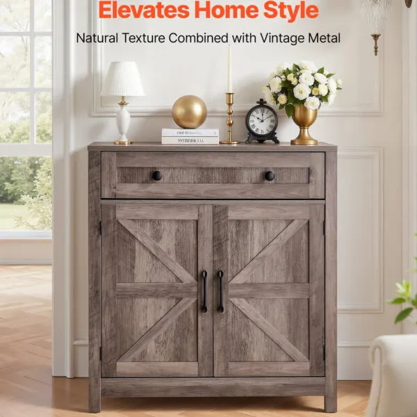 Coffee Bar Cabinet, Farmhouse Coffee Bar Table with Drawer, Buffet Stand Cabinet with 2 Barn Doors, Sideboard Buffet Station for Living Room, Entryway, Kitchen, 29.5 x 14.7 x 31.5 in, Grey