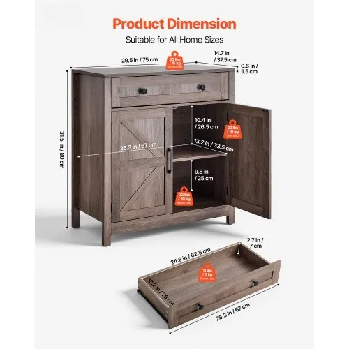 Coffee Bar Cabinet, Farmhouse Coffee Bar Table with Drawer, Buffet Stand Cabinet with 2 Barn Doors, Sideboard Buffet Station for Living Room, Entryway, Kitchen, 29.5 x 14.7 x 31.5 in, Grey - Image 2