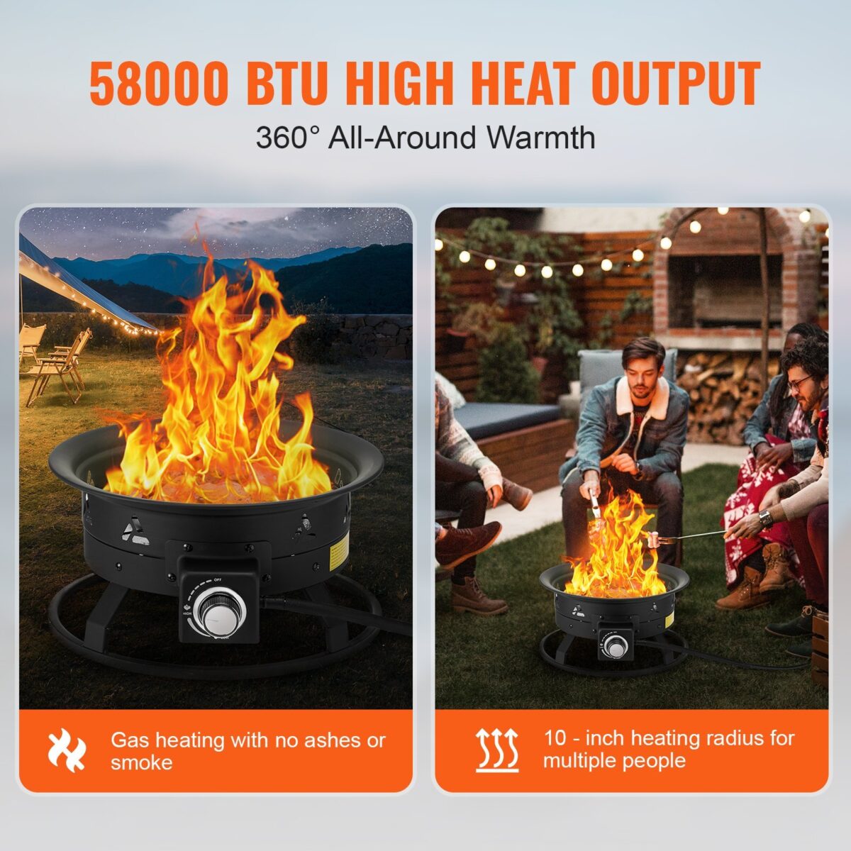 Propane Fire Pit, 19-Inch Diameter Outdoor Portable Gas Fire Pit with Cover & Lava Rocks, Adjustable Flame Height Camping Firepit for Heating, Lighting, Gathering, 58,000 BTU, Black - Image 2