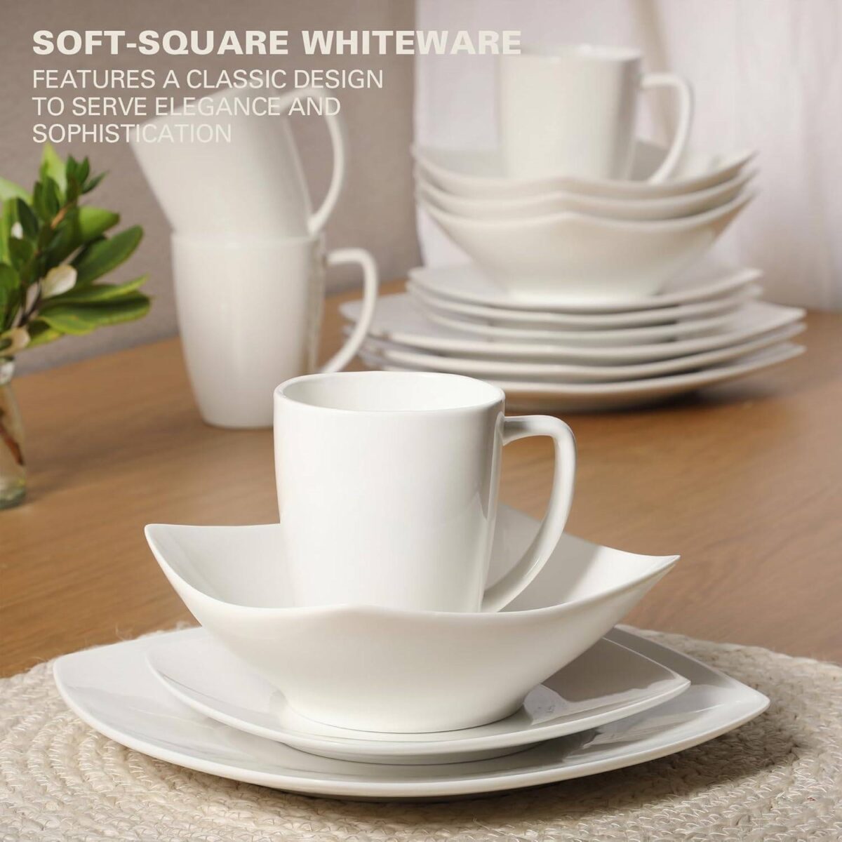 16 Pieces - White Square Porcelain Dinnerware Set - Service for 4 - Image 3
