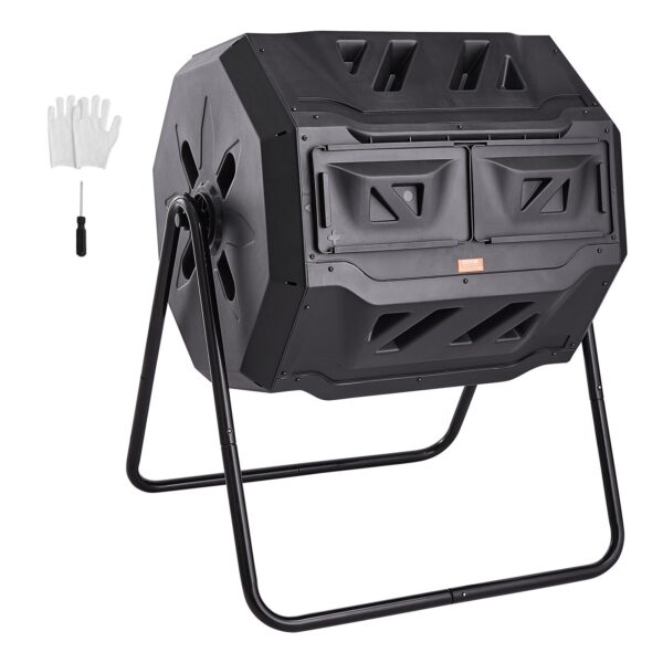 Compost Bin, 43-Gal Dual Chamber Composting Tumbler, Large Tumbling Rotating Composter with 2 Sliding Doors and Steel Frame, BPA Free Composter Bin Tumbler for Garden, Kitchen, Yard, Outdoor