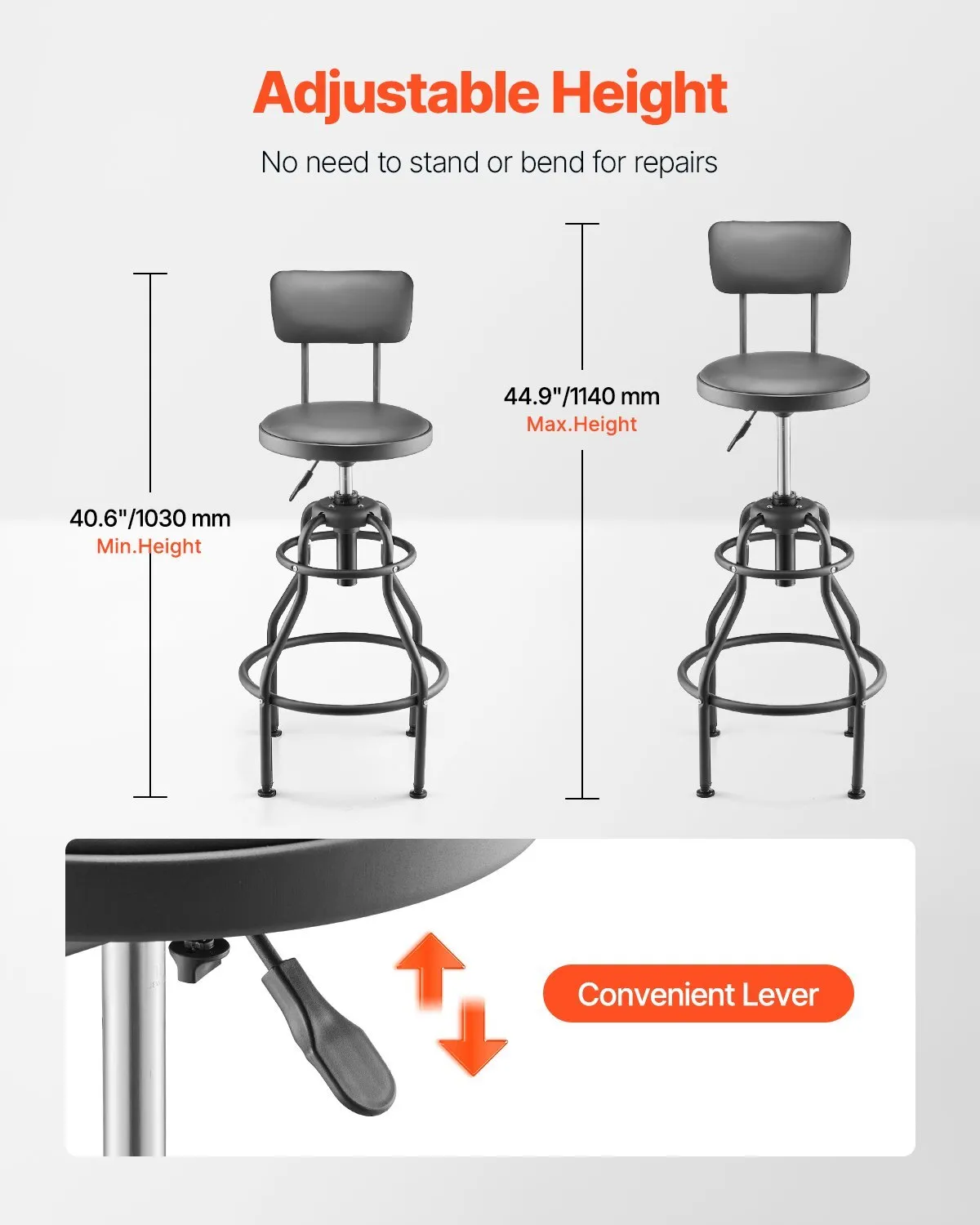 Shop Stool with Backrest, Pneumatic Garage Seat/Work Stool with 300 lbs Capacity, Adjustable Height Roller Creeper Seat, 360 Swivel Padded Workshop Stool, for Garage, Shop & Auto Repair, Black - Image 2