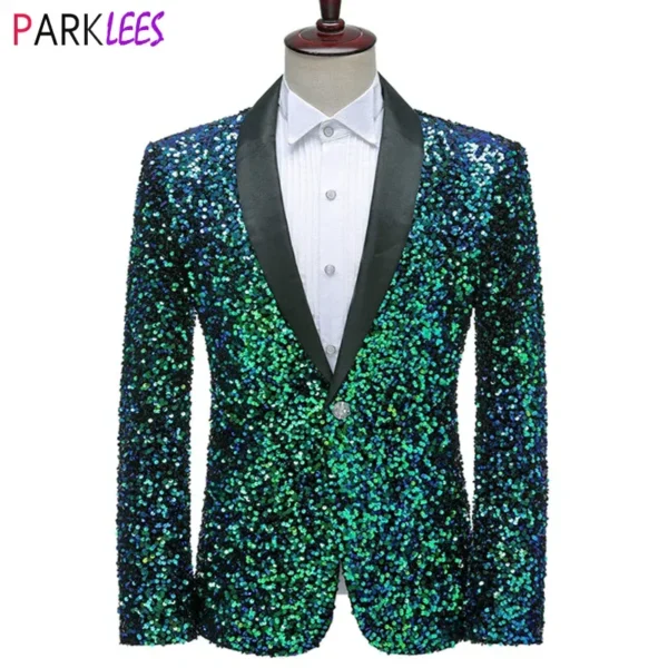 Color: Brown, Size: L - Shiny Green Sequins Bling Glitter Blazer Men 2023 Shawl Collar One Button Tuxedo Suits&Blazer Mens Wedding Party Stage Costumes