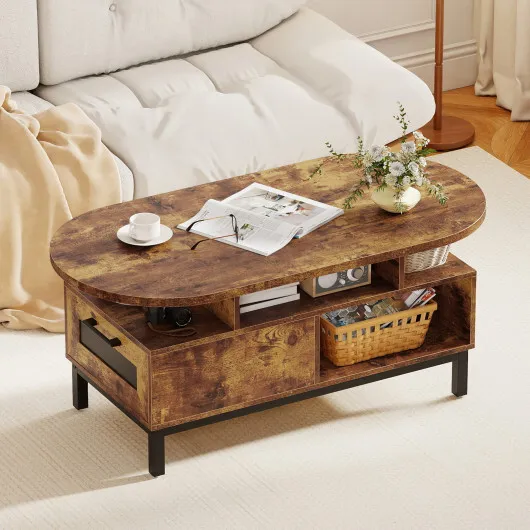 47 Inch Oval Coffee Table with Storage and Open Compartments for Living Room-Rustic Brown - Image 2