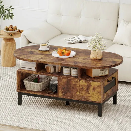 47 Inch Oval Coffee Table with Storage and Open Compartments for Living Room-Rustic Brown - Image 3
