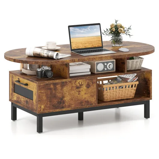 47 Inch Oval Coffee Table with Storage and Open Compartments for Living Room-Rustic Brown - Image 4