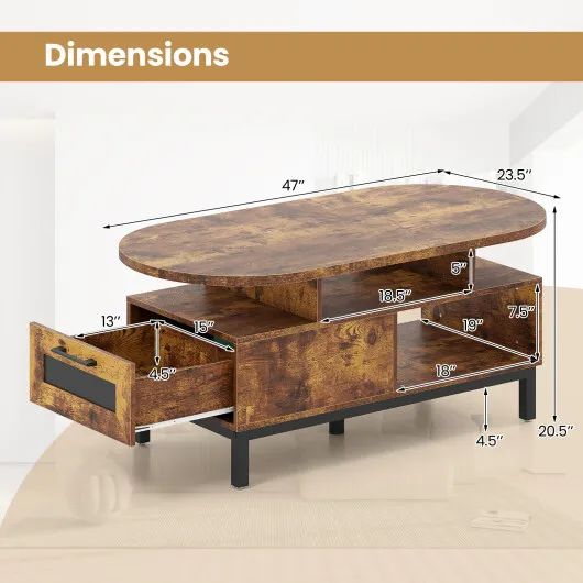 47 Inch Oval Coffee Table with Storage and Open Compartments for Living Room-Rustic Brown - Image 5