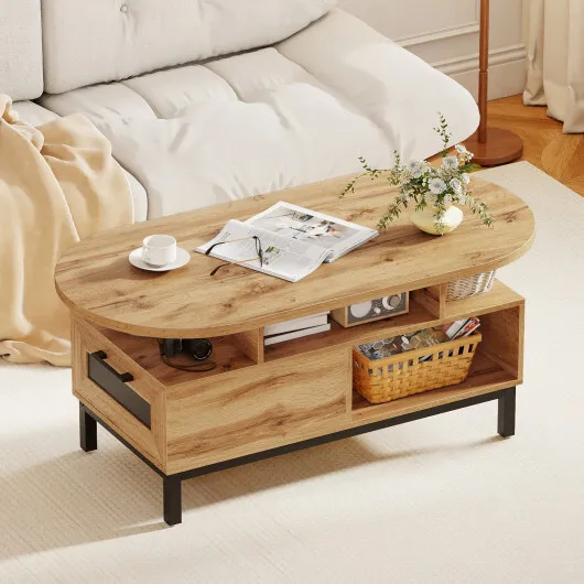 47 Inch Oval Coffee Table with Storage and Open Compartments for Living Room-Rustic Brown - Image 7