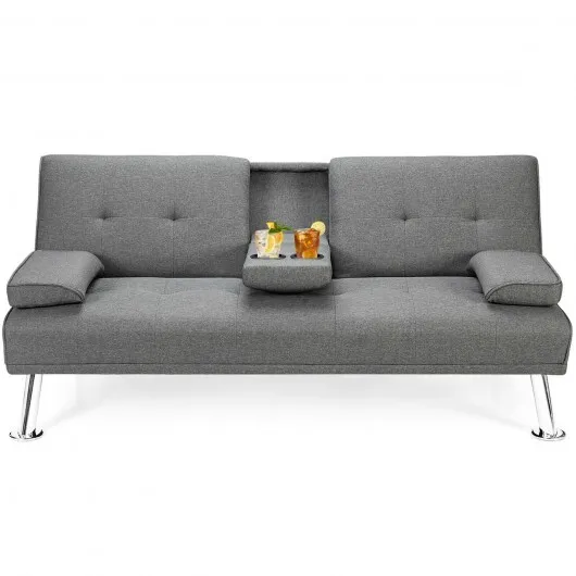 Convertible Folding Futon Sofa Bed Fabric with 2 Cup Holders-Light Gray - Color: Light Gray