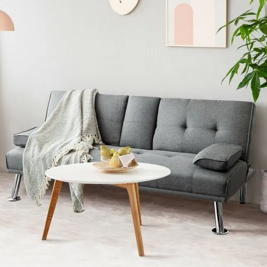 Convertible Folding Futon Sofa Bed Fabric with 2 Cup Holders-Light Gray - Color: Light Gray - Image 2