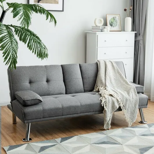 Convertible Folding Futon Sofa Bed Fabric with 2 Cup Holders-Light Gray - Color: Light Gray - Image 3